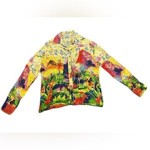 Michael Leu Tropical Art Print Button Down Silk Shirt | Size Medium | NWOT